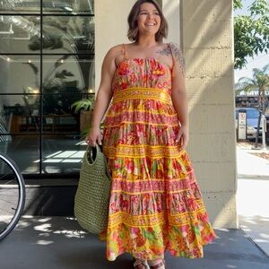 Farm Rio - Bohemian Tie-Strap Tiered Sun Dress in Pink & Yellow Size L